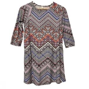 Girls Size 16 Mudd stretchy comfy printed skater dress 3/4 sleeve floral zigzag